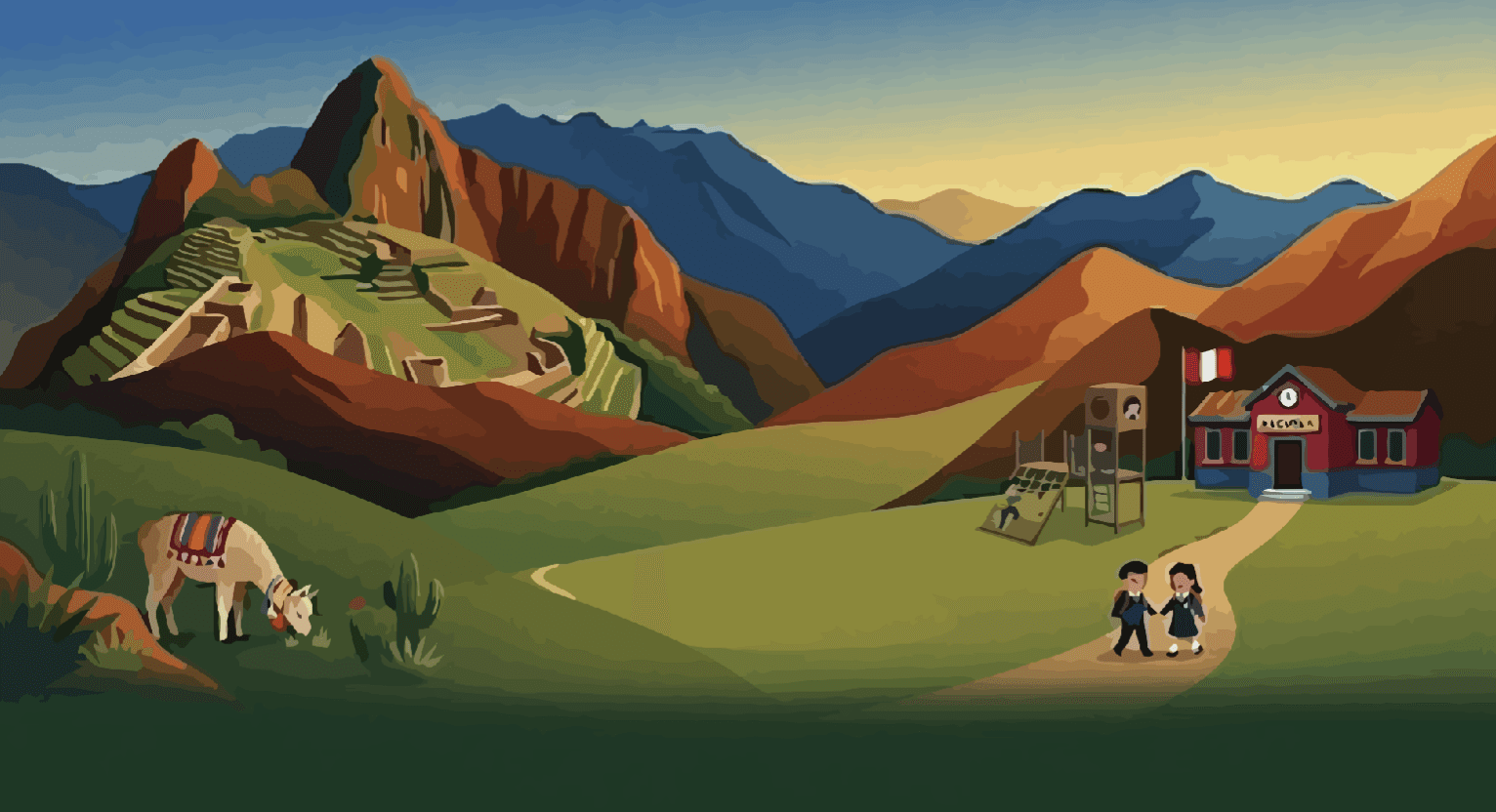 Children walking to school in Peru with Machu Picchu in the background